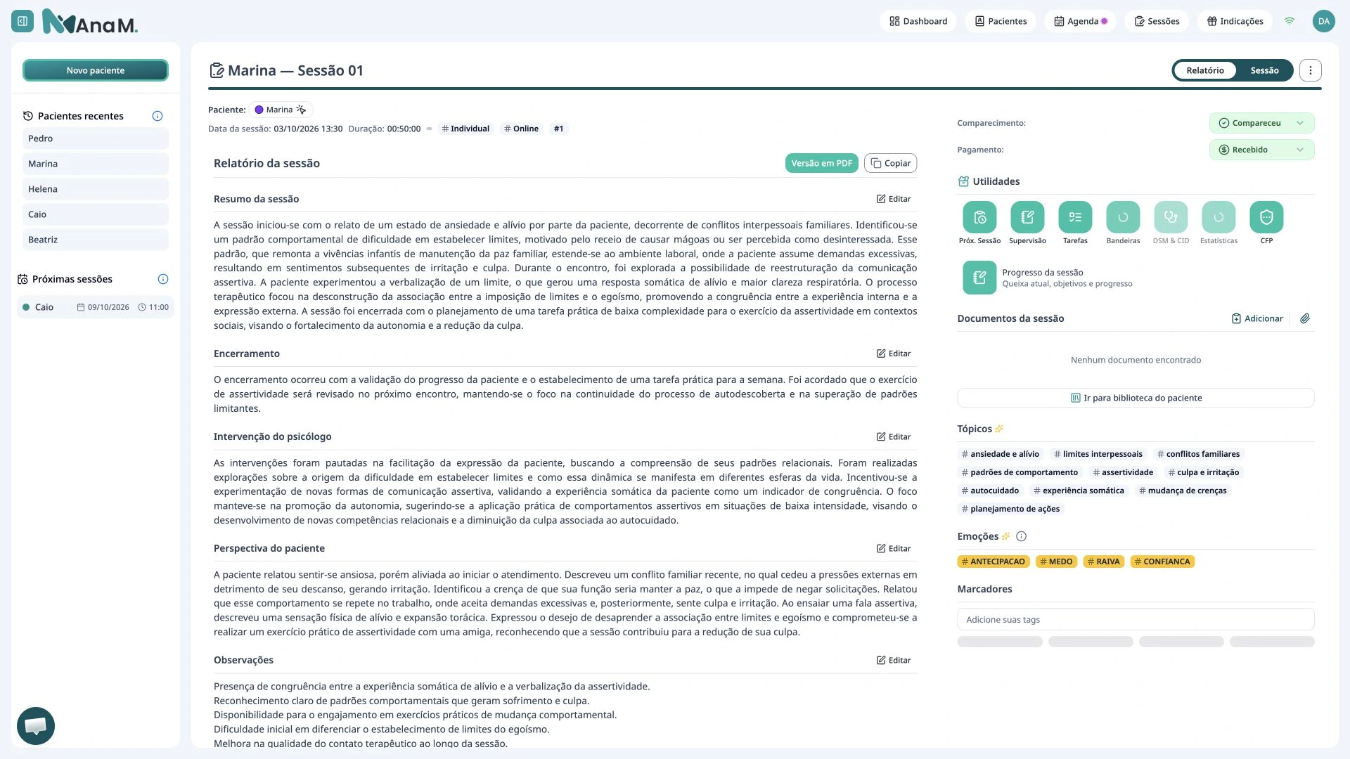 Tela completa de relatórios com IA na Ana M., com dados fictícios de demonstração.